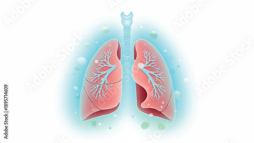 Illustration of human lungs showing airway anatomy and branches across the respiratory system.