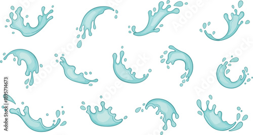 Collection of various water splash illustrations on a clean background viewed from directly above