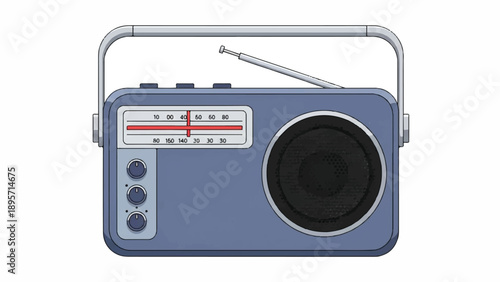 Vintage portable radio with retro blue casing, large speaker, dial and antenna in a nostalgic design.