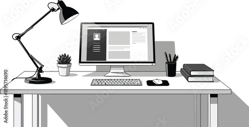 modern home office workspace with desktop computer and various accessories