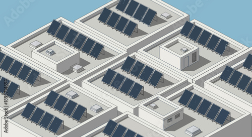 Isometric illustration of multiple flat rooftops with solar panels, showcasing sustainable energy.