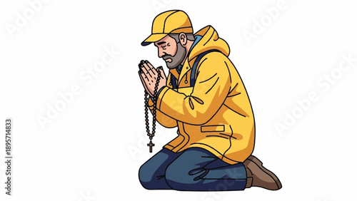 Cartoon illustration of a man kneeling in prayer, holding beads, wearing a yellow hoodie and jacket.