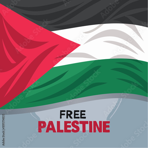 Waving Palestinian flag with 'Free Palestine' text, symbolizing solidarity and activism, against a blurred background