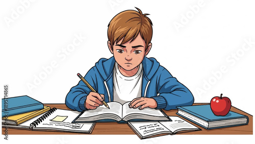 A focused student studies at a cluttered desk with books, notebook, and an apple nearby.