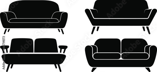 Set of Modern Sofa Silhouettes with High Contrast Details and Mid-Century Style for Interior Design Graphics, Furniture Icons, and Home Decor.
