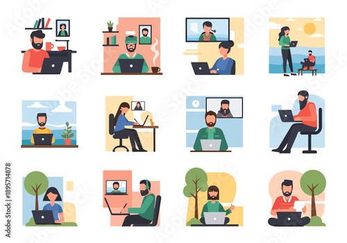 Diverse People Working Remotely Online Using Laptops and Computers in Various Home and Outdoor Settings for Digital Communication and Business