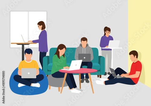 Diverse group of people working and studying on laptops in a modern coworking space creating a collaborative atmosphere