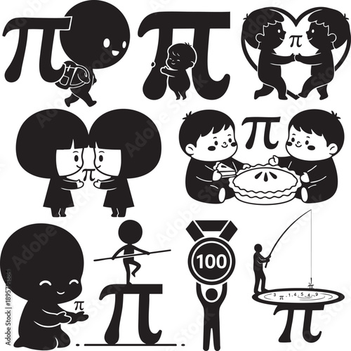 Pi Day Math Celebration with Cute Characters Silhouette Set