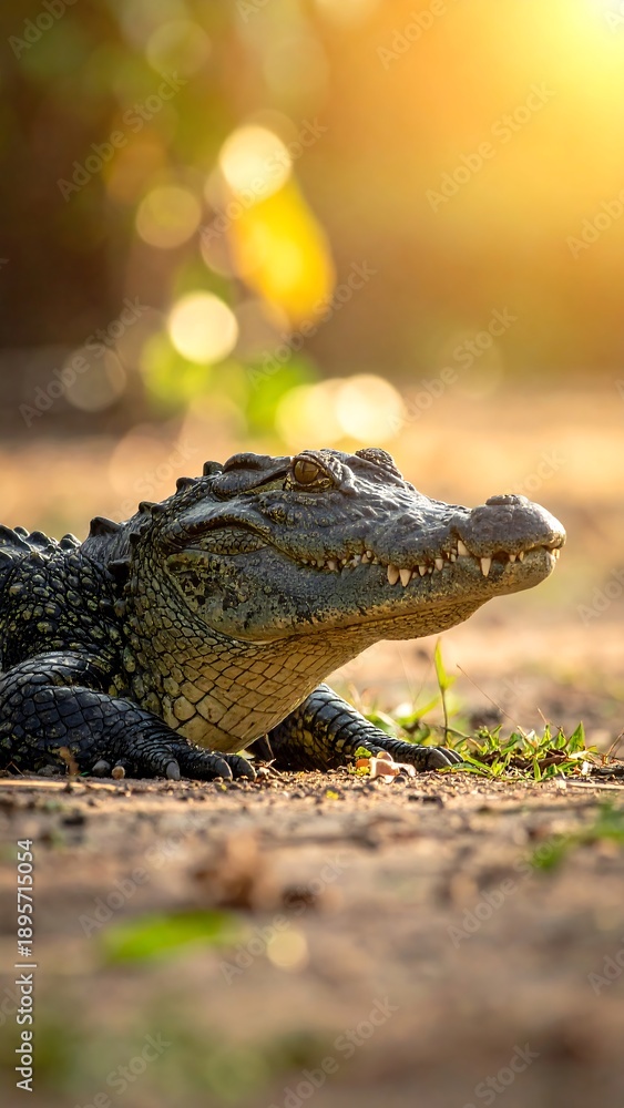 Fototapeta premium Close-up of a relaxed crocodile resting on sandy ground with sunlit bokeh in background