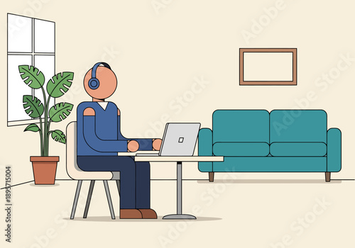 Person Working Remotely From Home Office Using Laptop And Headphones For Online Communication With Colleagues