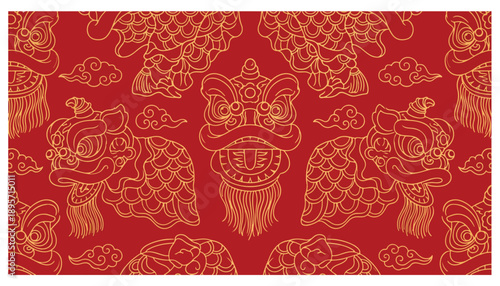 Vibrant Chinese New Year Cultural Pattern with Traditional Golden Lion Heads and Auspicious Clouds