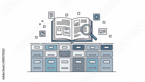 Organized filing cabinets with open book and magnifier illustrating archival research and data organization.