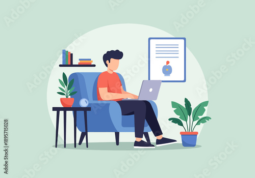 Man working on laptop while sitting comfortably in a cozy armchair at home with plants and decor creating a serene workspace environment for remote