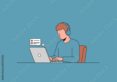 Young person wearing headphones works on a laptop computer with communication bubbles above the screen representing online interaction and digital