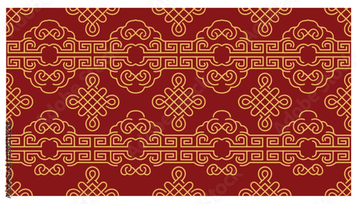 Seamless traditional Chinese knot pattern on red background