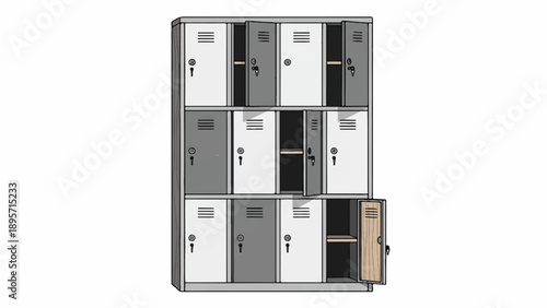 Arrangement of Public Lockers in a Grey Metal Storage Corridor.