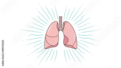 Illustration of human lungs with branching airways and breath radiating outward.