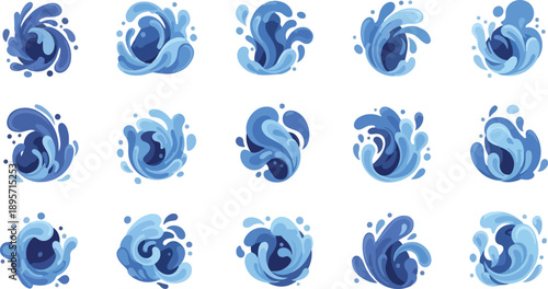 Collection of blue water splash illustrations arranged in a grid pattern