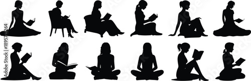 Set of woman reading book silhouettes in different sitting poses and positions for education literature and library concepts isolated on white