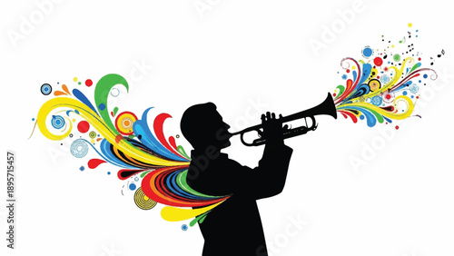 Silhouette of a person blowing a trumpet with colorful vibrant swirls and splash.