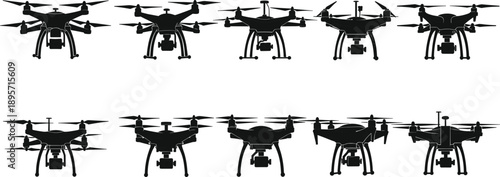 Set of modern drone vector black silhouette illustrations with cameras and propellers isolated on white background for aerial photography and technology design