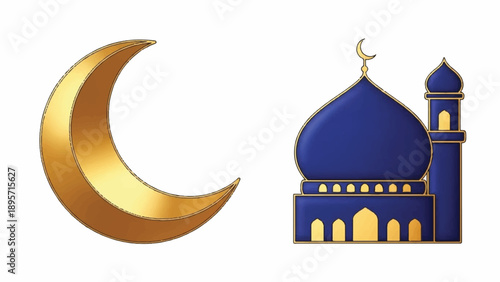 Moon and Blue Mosque Symbol: Crescent Moon Over Sacred Mosque Dome.