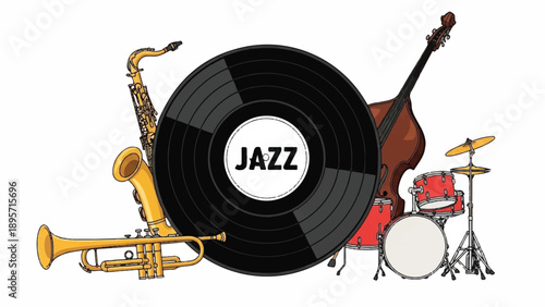 Vibrant Jazz Fusion Scene Surrounding a Classic Vinyl Record.