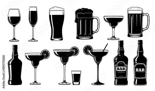 Alcohol cocktail glass silhouette vector set