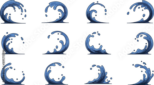A grid of twelve blue wave illustrations with varying splash effects on a white background viewed from the side.