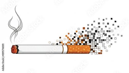 Burning cigarette dissolving into digital pixels as anti smoking concept.