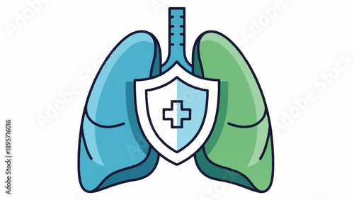 Colorful Medical Illustration of Lungs and Respiratory System with Shield Emblem Highlighting Health.