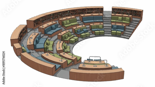 Semicircular tiered interior model of a legislative assembly chamber.