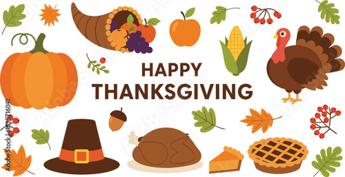 Happy Thanksgiving flat vector illustration featuring pumpkins, roasted turkey, autumn leaves, corn, and pie isolated on white background for seasonal holiday celebration and greetings.