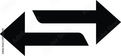 Black solid double horizontal exchange arrows icon pointing in opposite directions isolated on white background for financial transfer, data swap, and navigation interface design.