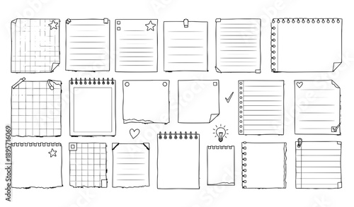Hand drawn paper notes sketch vector set