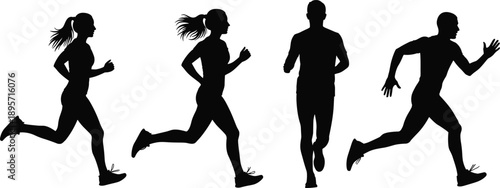 Black silhouettes of male and female runners in athletic motion isolated on white background for sports, fitness, healthy lifestyle, and marathon competition graphic design