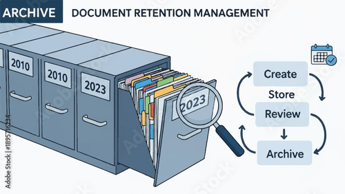 Illustration of document retention management and organized archival process.