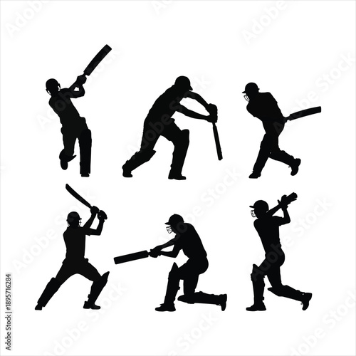 Complete set of cricket batsman silhouettes for coaching and sports education