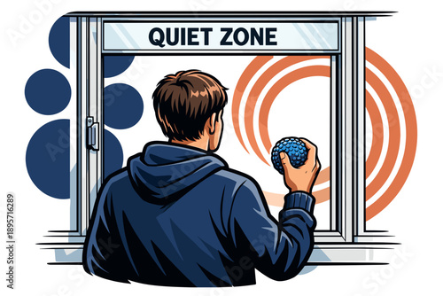 Man holding stress ball near window with quiet zone sign.