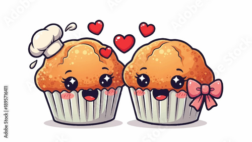 Two Cute Muffins Embracing Hearts in a Playful Bakery Scene.