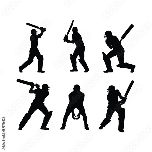 Set of six cricket batsman silhouettes in various batting and running poses