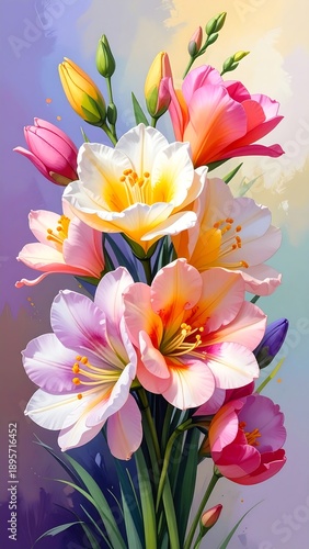 Colorful bouquet of pink, white, yellow, and orange flowers with green stems against a soft, blended pastel background