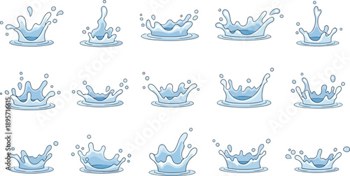 Collection of blue water splash illustrations in various dynamic poses on a clean background from different viewpoints