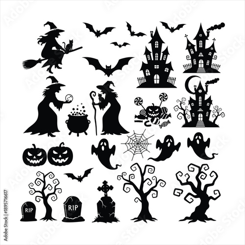 Massive Halloween silhouette collection featuring witches, haunted houses, bats and pumpkins