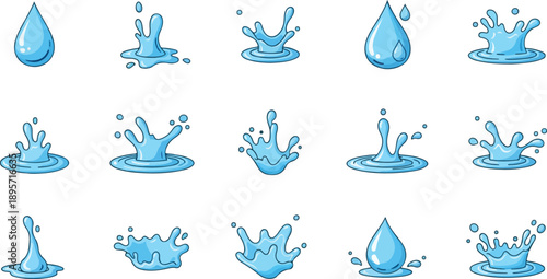 Droplets and splashes of water in various forms and sizes on a plain background from a straightforward viewpoint