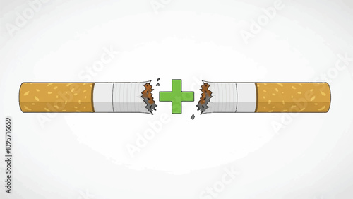Cigarettes flanking a green medical cross symbolize smoking cessation and health awareness.