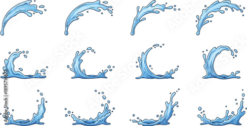 A set of 12 illustrations depicting various water splash patterns from different angles on a clean background