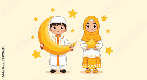 Children Celebrating Ramadan / Eid With Moon and Stars