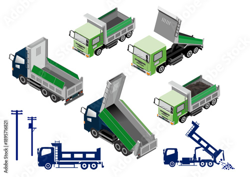 Cuadro en lienzo Isometric illustrations of dump trucks in various positions, including loading, unloading, and dumping, alongside silhouette versions and utility poles