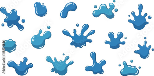 Collection of blue splashes and droplets on a clean surface viewed from directly above